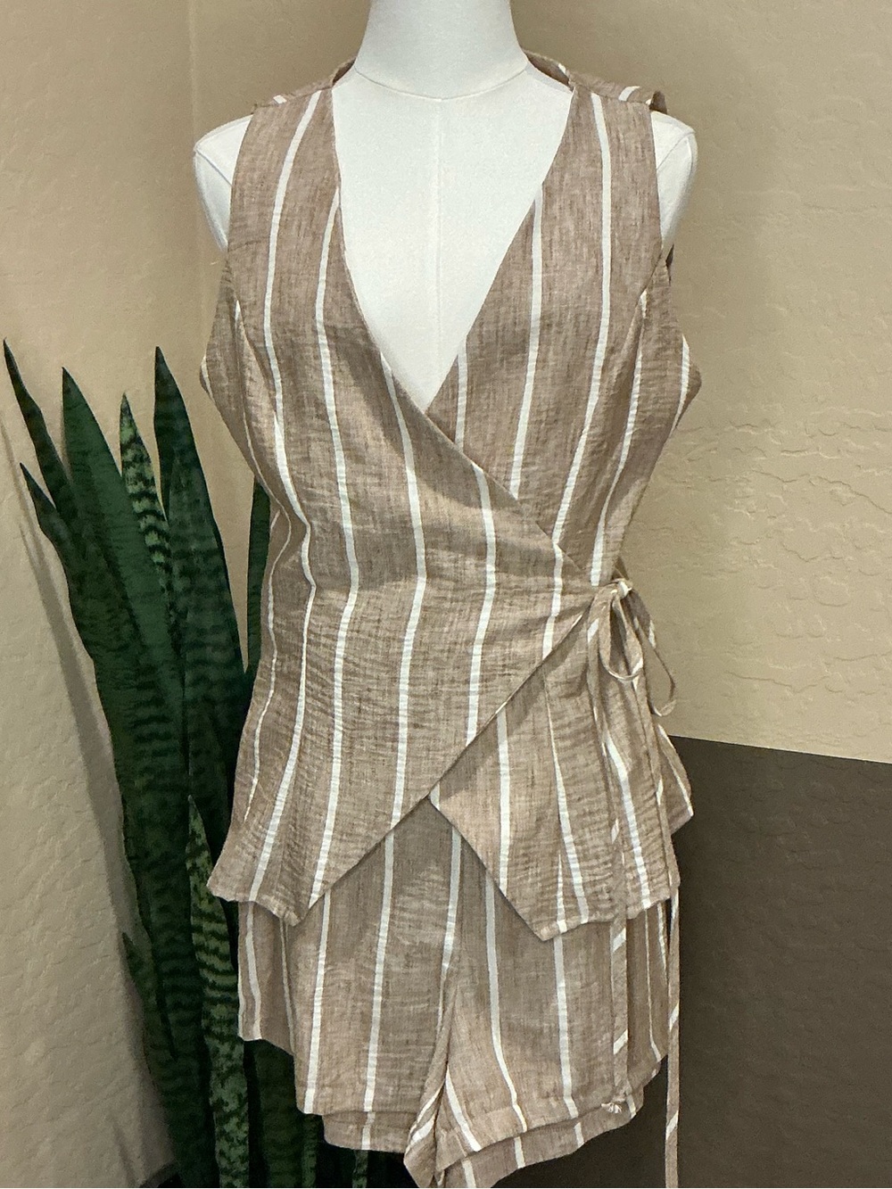 Linen look two piece shorts wrap around vest